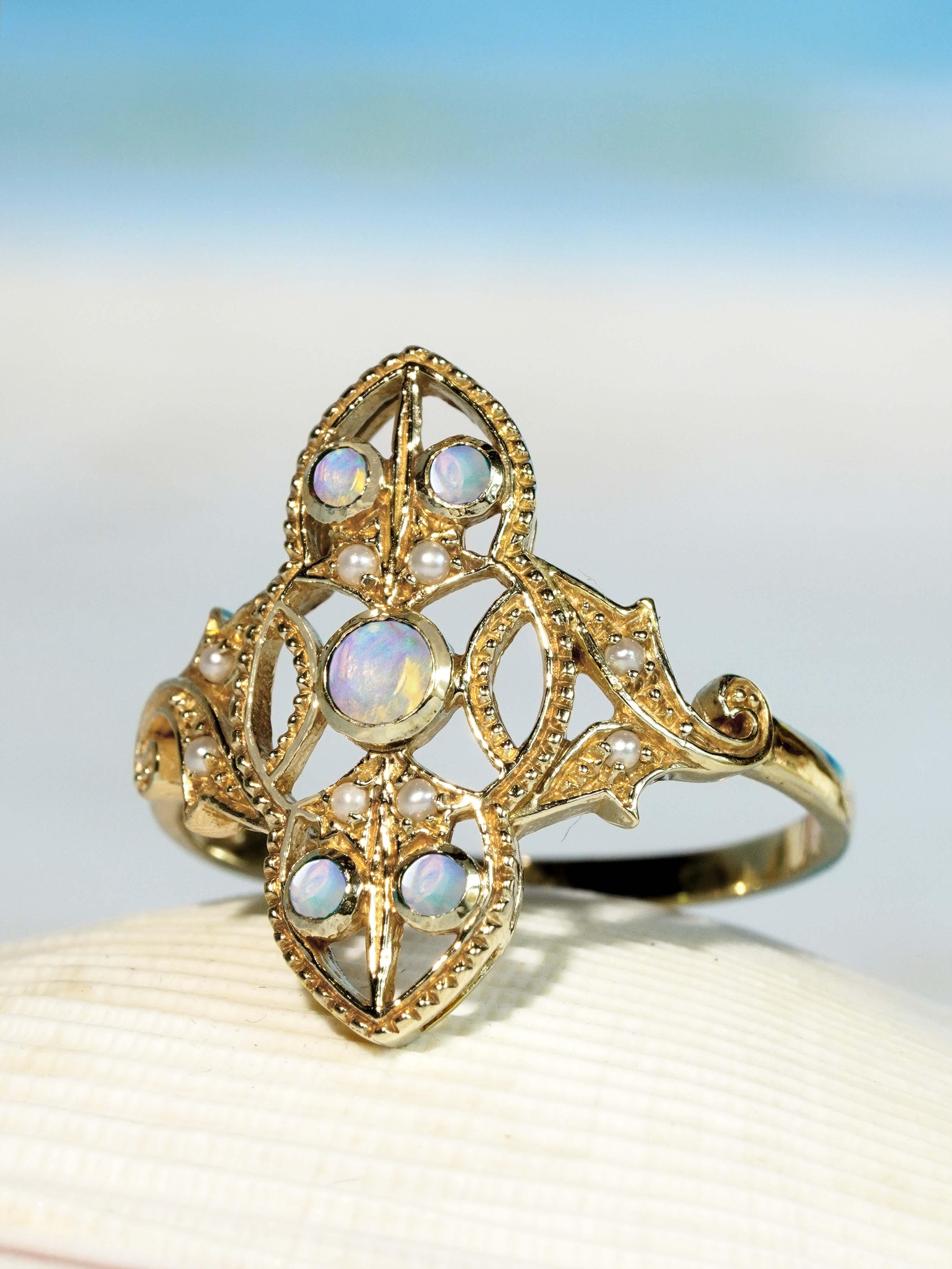 9K Yellow Gold Natural Opal and Pearl Cocktail Ring For Sale 1