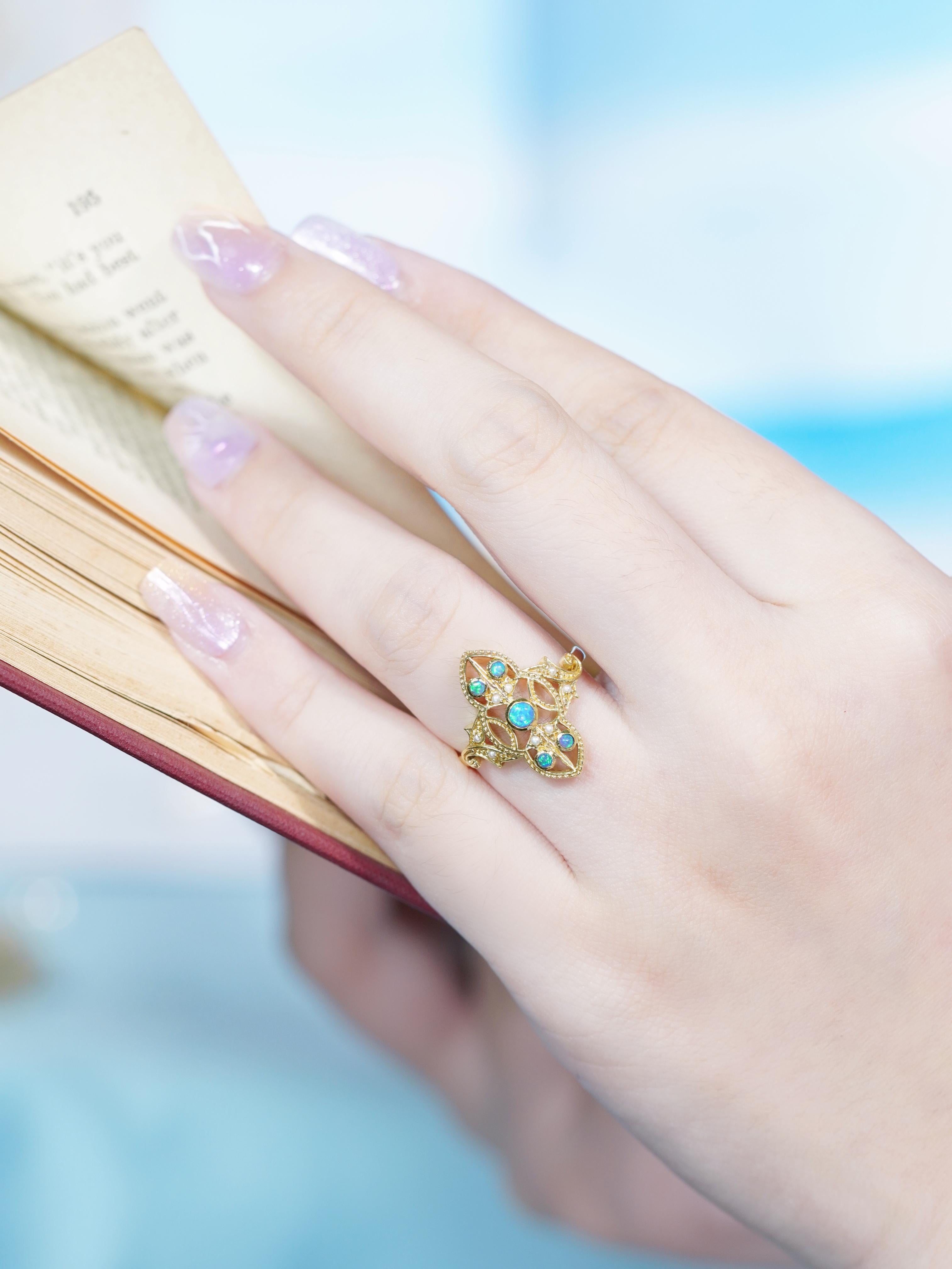 9K Yellow Gold Natural Opal and Pearl Cocktail Ring For Sale 2