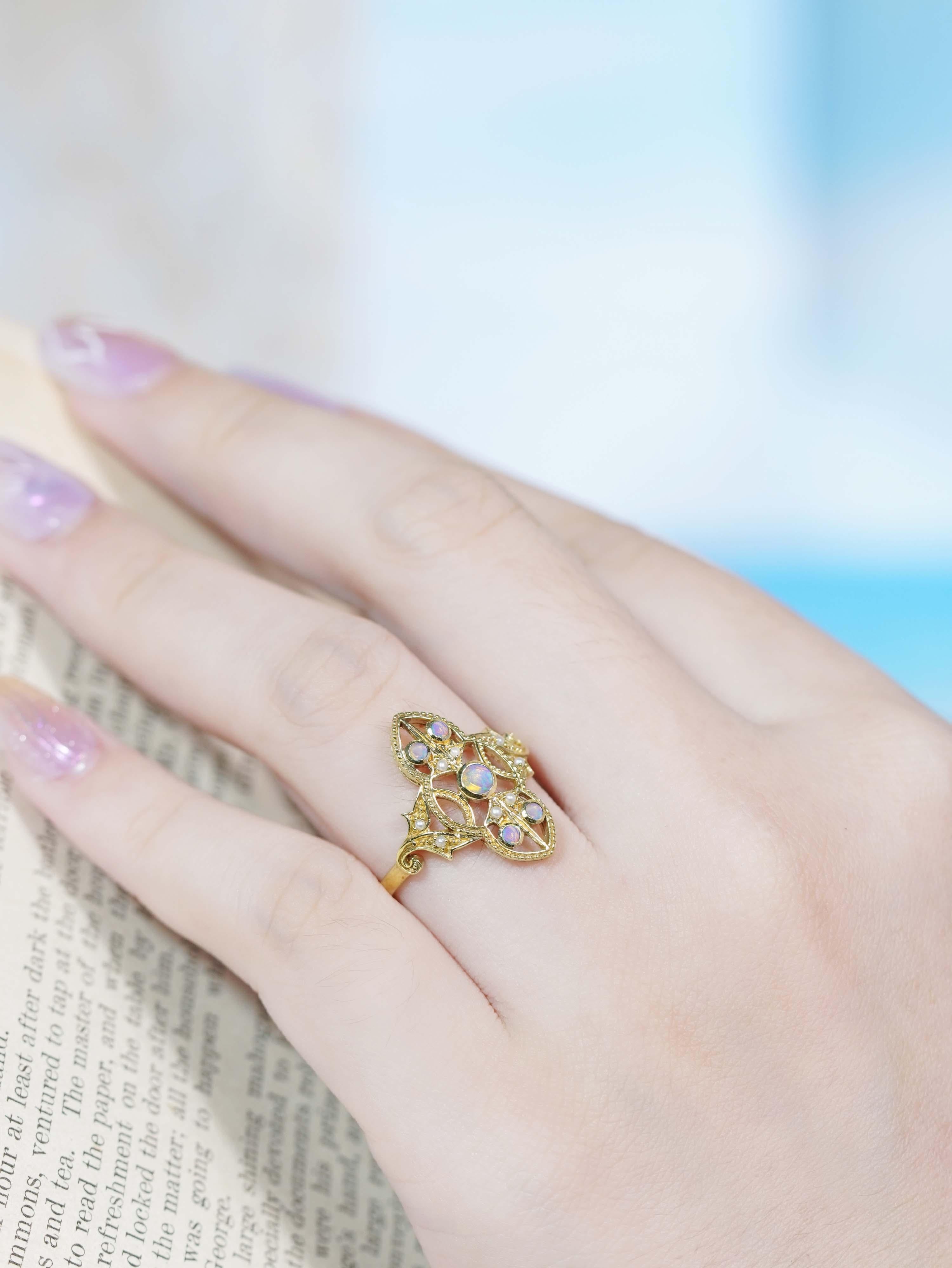 9K Yellow Gold Natural Opal and Pearl Cocktail Ring For Sale 3