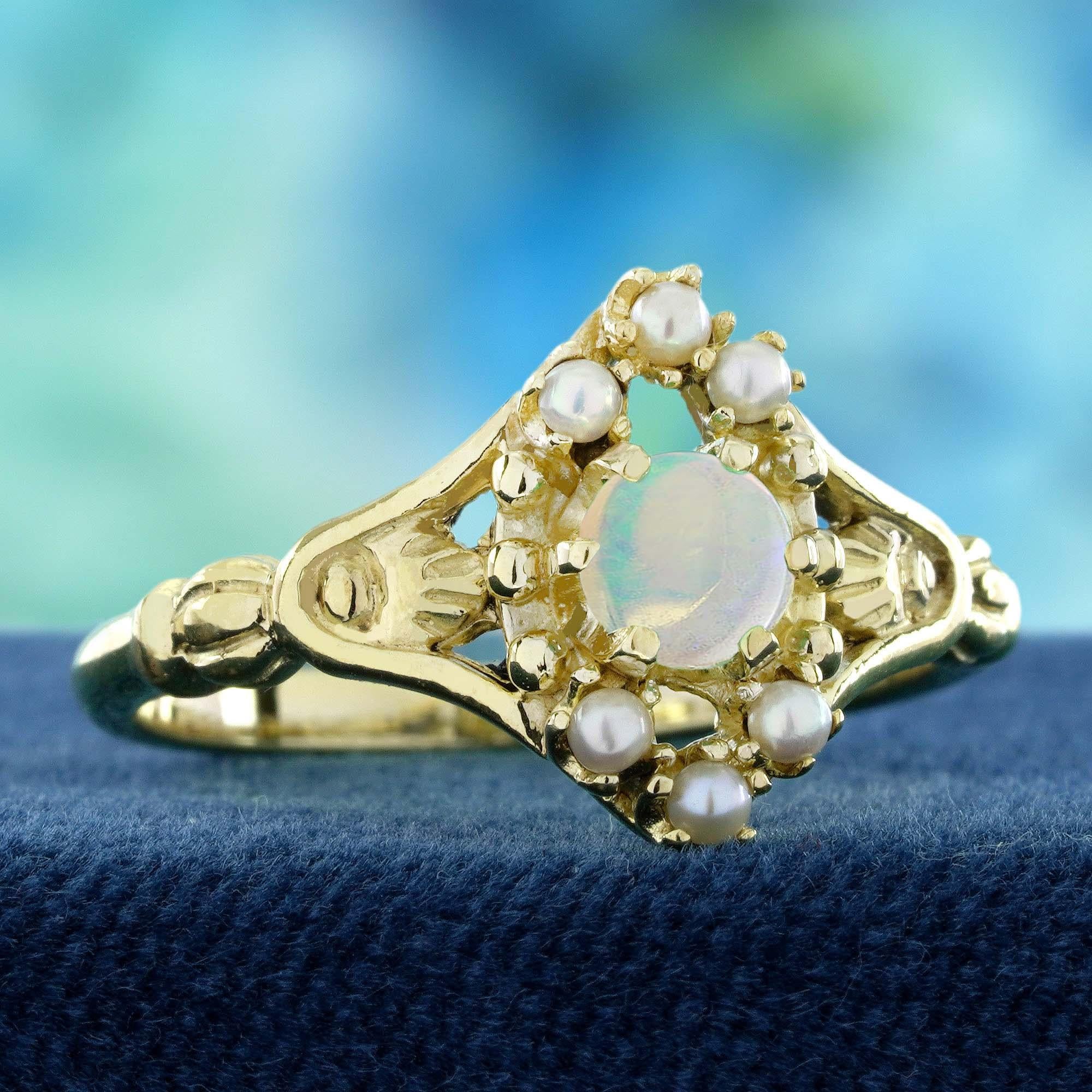 Edwardian 9K Yellow Gold Natural Opal and Pearl Vintage Style Floral Ring For Sale