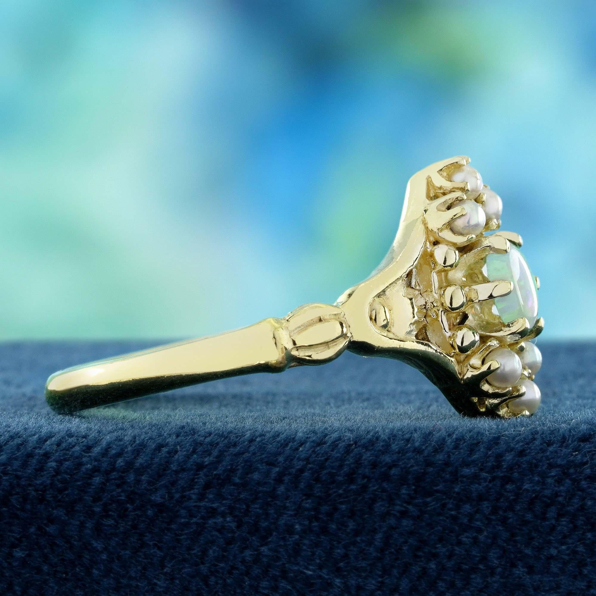 Round Cut 9K Yellow Gold Natural Opal and Pearl Vintage Style Floral Ring For Sale