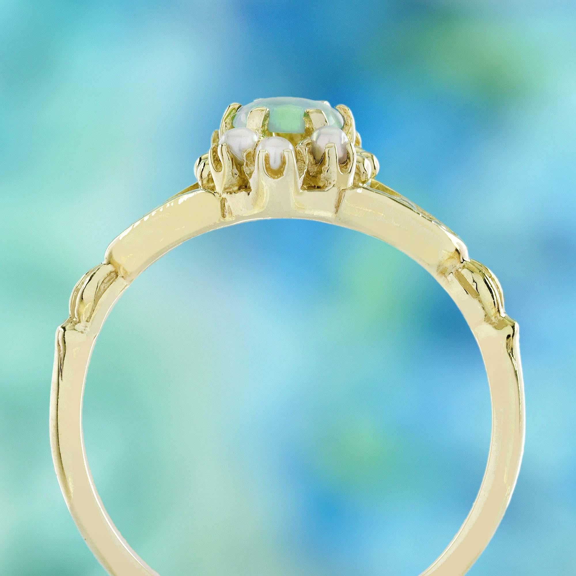 9K Yellow Gold Natural Opal and Pearl Vintage Style Floral Ring In New Condition For Sale In Bangkok, TH