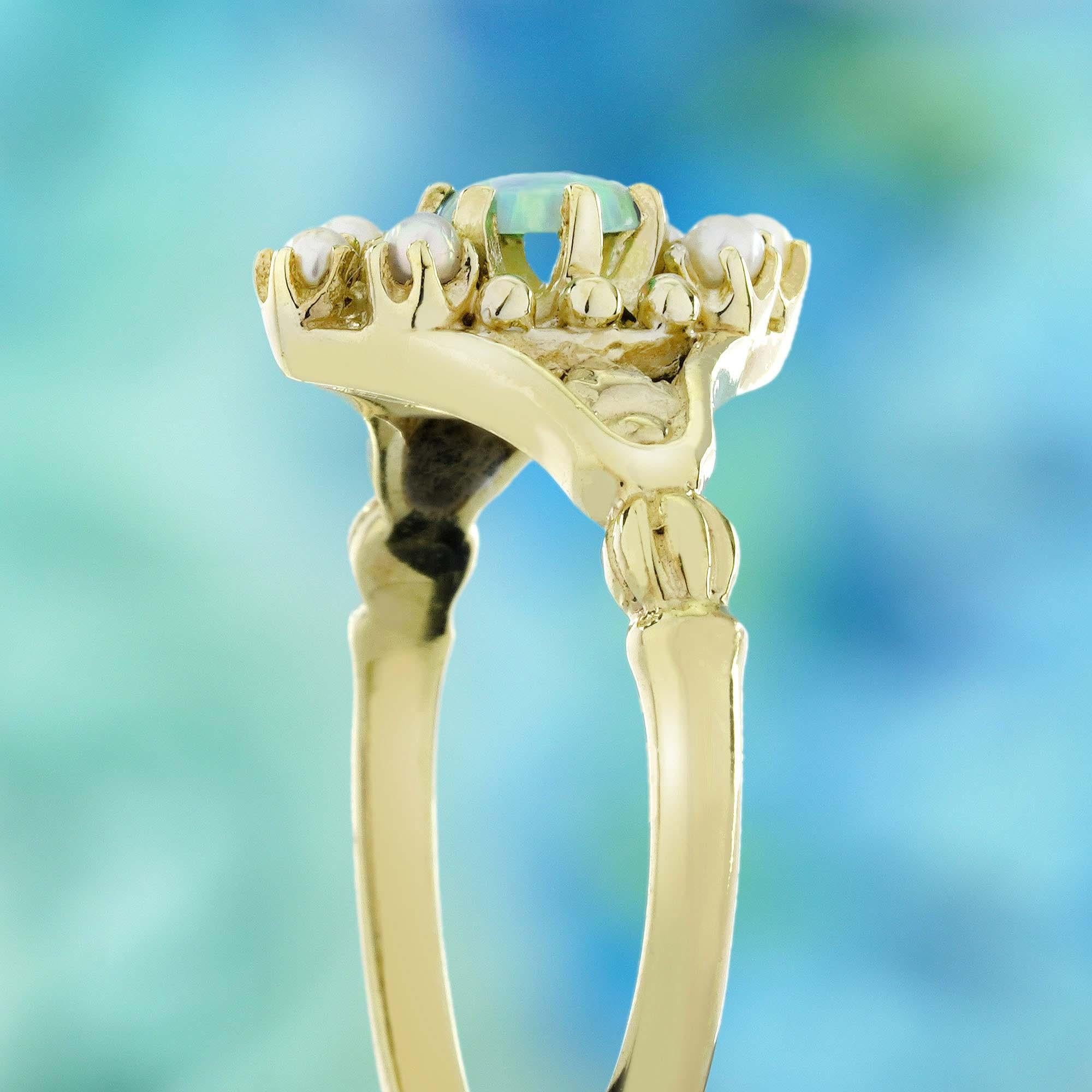 Women's 9K Yellow Gold Natural Opal and Pearl Vintage Style Floral Ring For Sale