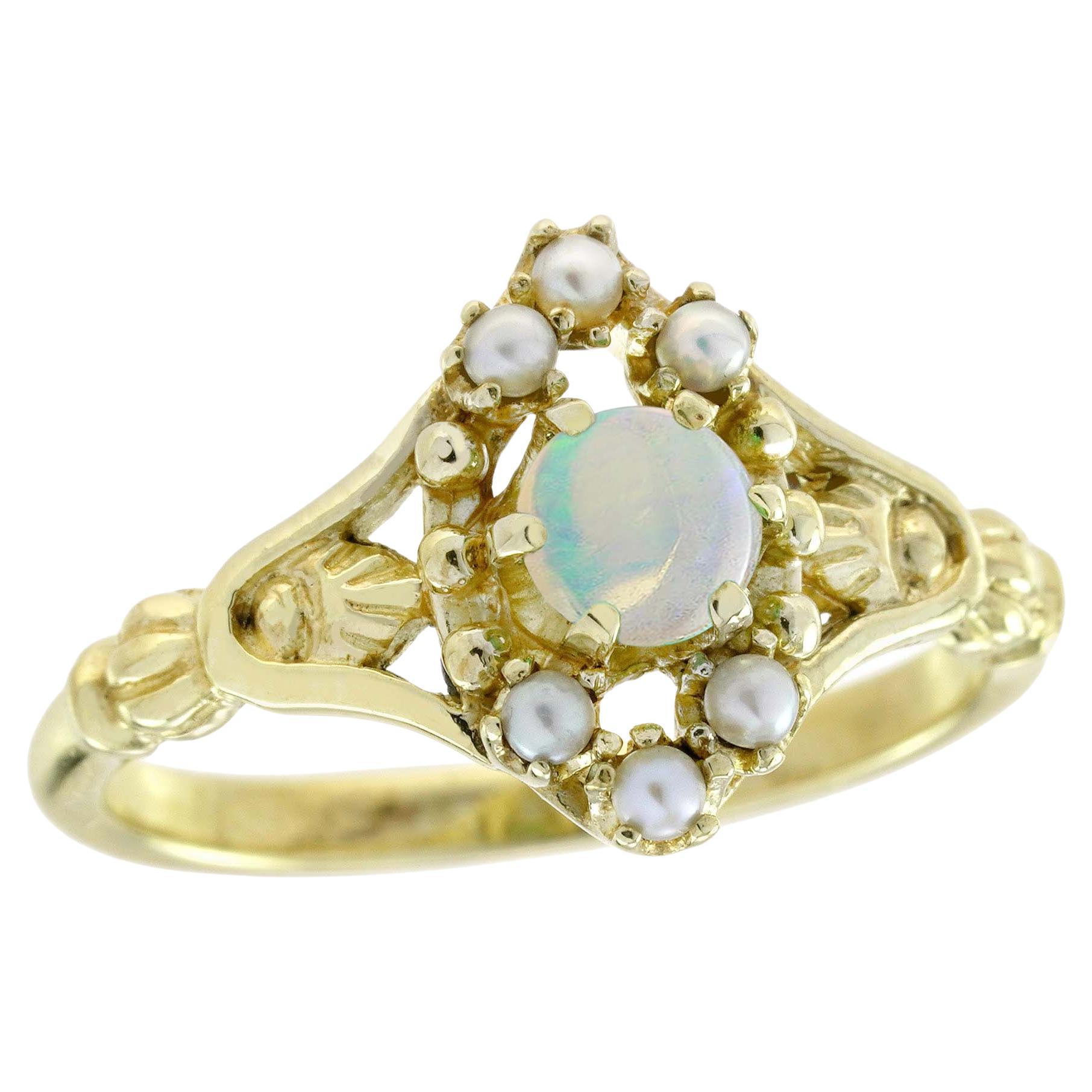 9K Yellow Gold Natural Opal and Pearl Vintage Style Floral Ring