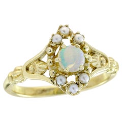 9K Yellow Gold Natural Opal and Pearl Vintage Style Floral Ring