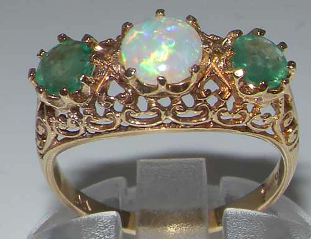 For Sale:  9K Yellow Gold Natural Opal & Emerald Filigree Victorian Style Ring 2