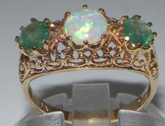 9K Yellow Gold Natural Opal & Emerald Filigree Victorian Style Ring