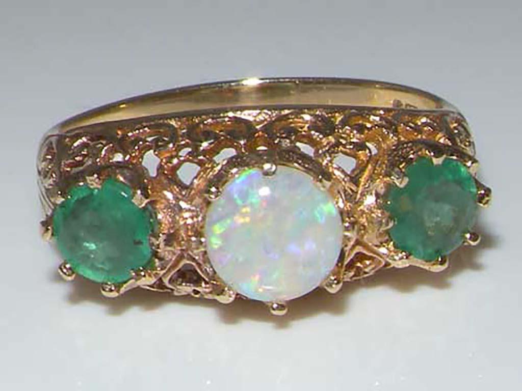 For Sale:  9K Yellow Gold Natural Opal & Emerald Filigree Victorian Style Ring 4