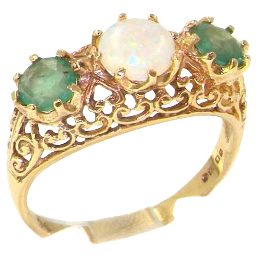 9K Yellow Gold Natural Opal & Emerald Filigree Victorian Style Ring