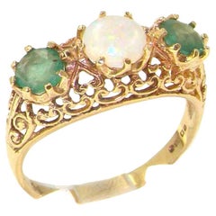 Retro 9K Yellow Gold Natural Opal & Emerald Filigree Victorian Style Ring