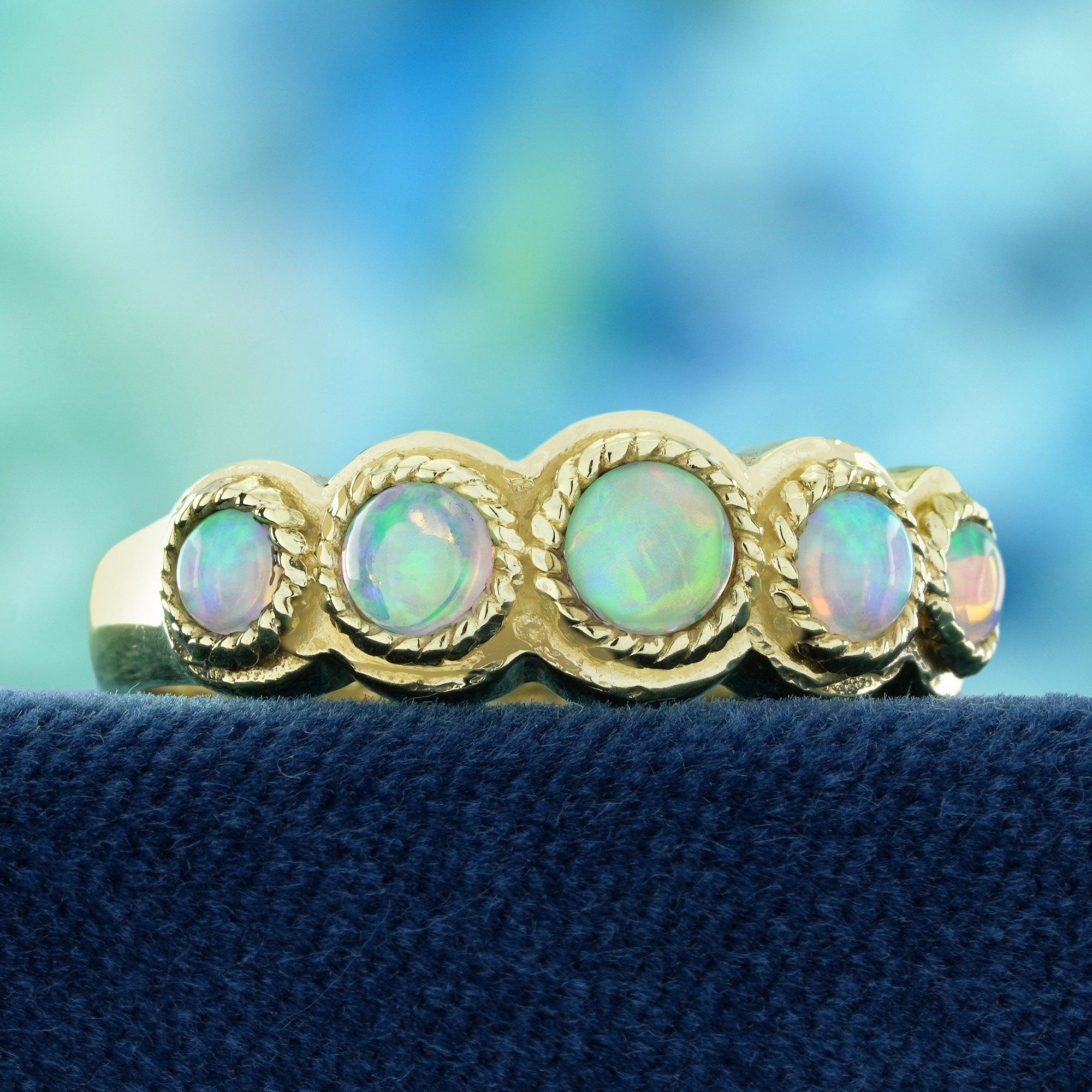 Edwardian 9K Yellow Gold Natural Opal Vintage Style Five Stones Band Ring For Sale