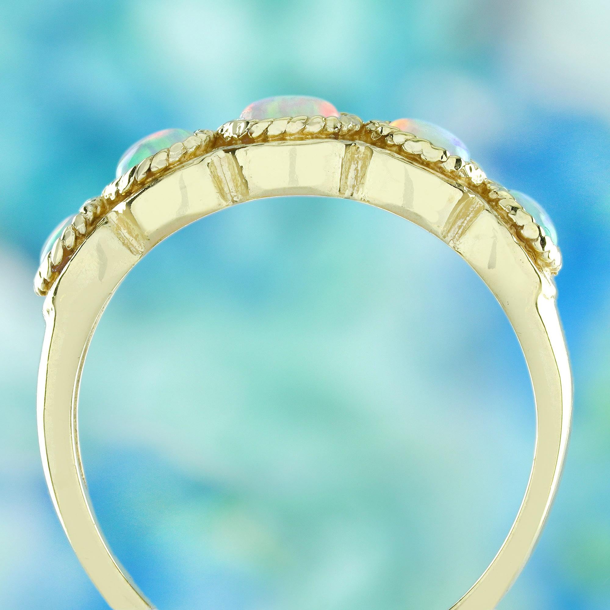 9K Yellow Gold Natural Opal Vintage Style Five Stones Band Ring In New Condition For Sale In Bangkok, TH
