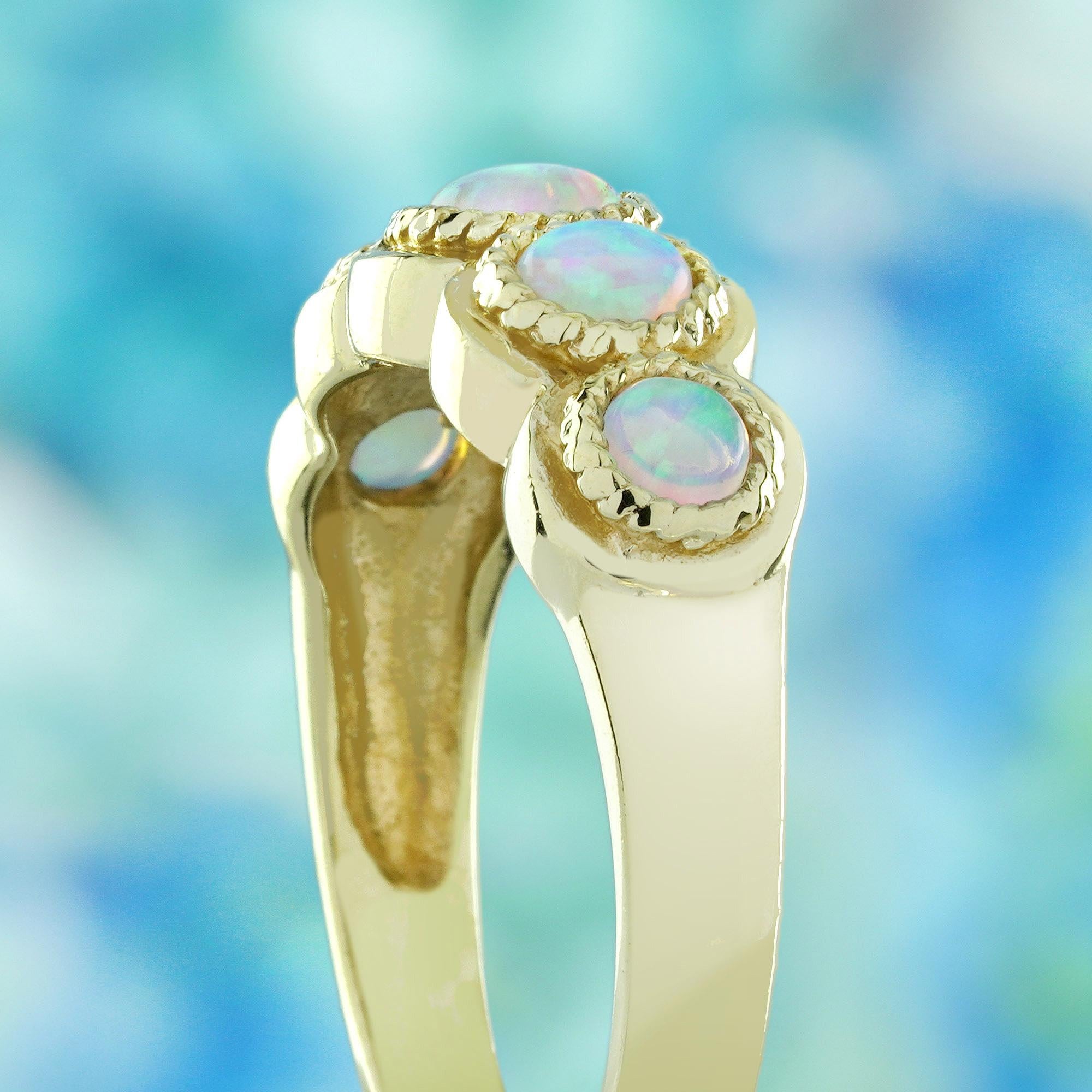 Women's 9K Yellow Gold Natural Opal Vintage Style Five Stones Band Ring For Sale