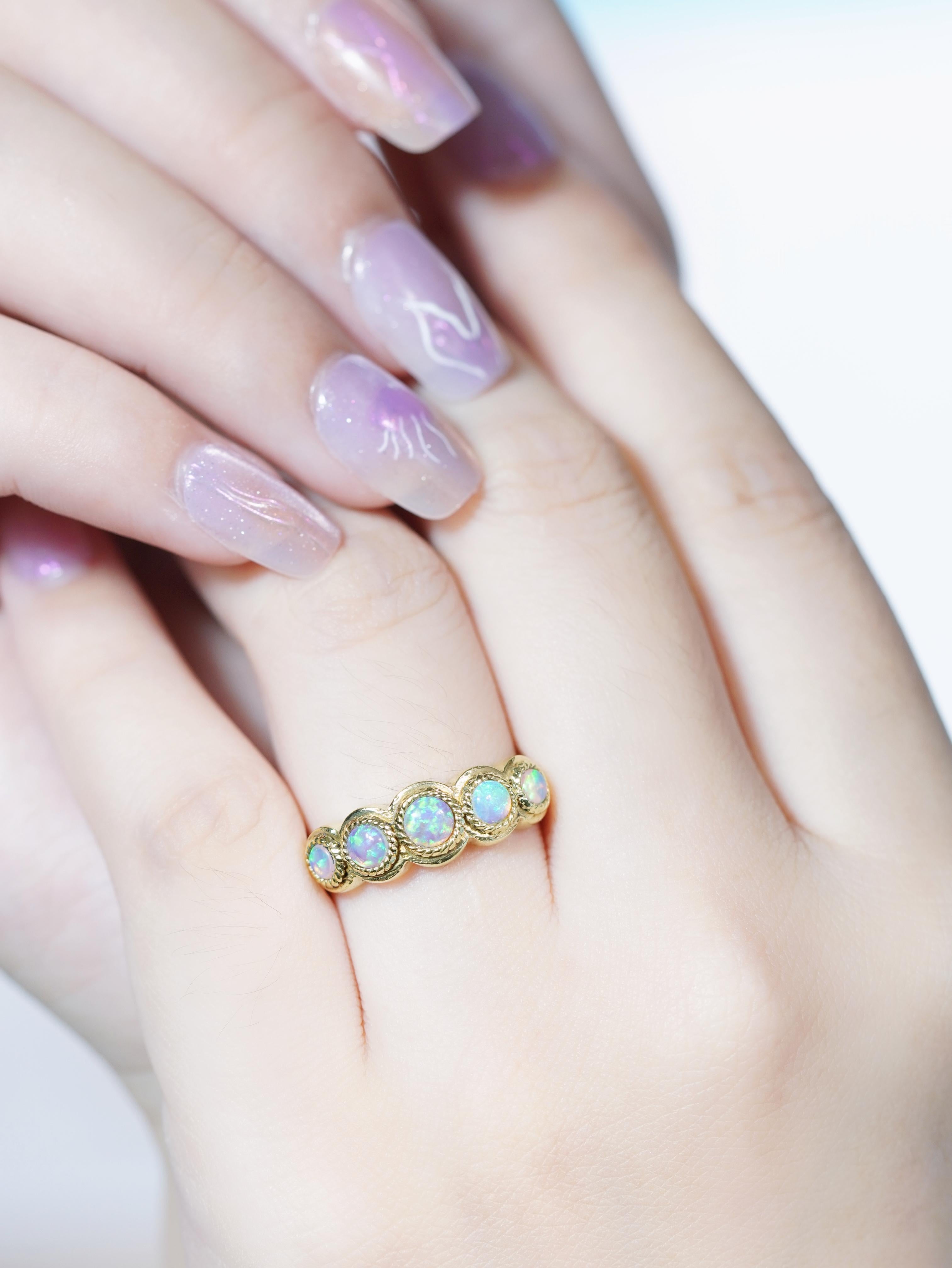 9K Yellow Gold Natural Opal Vintage Style Five Stones Band Ring For Sale 1