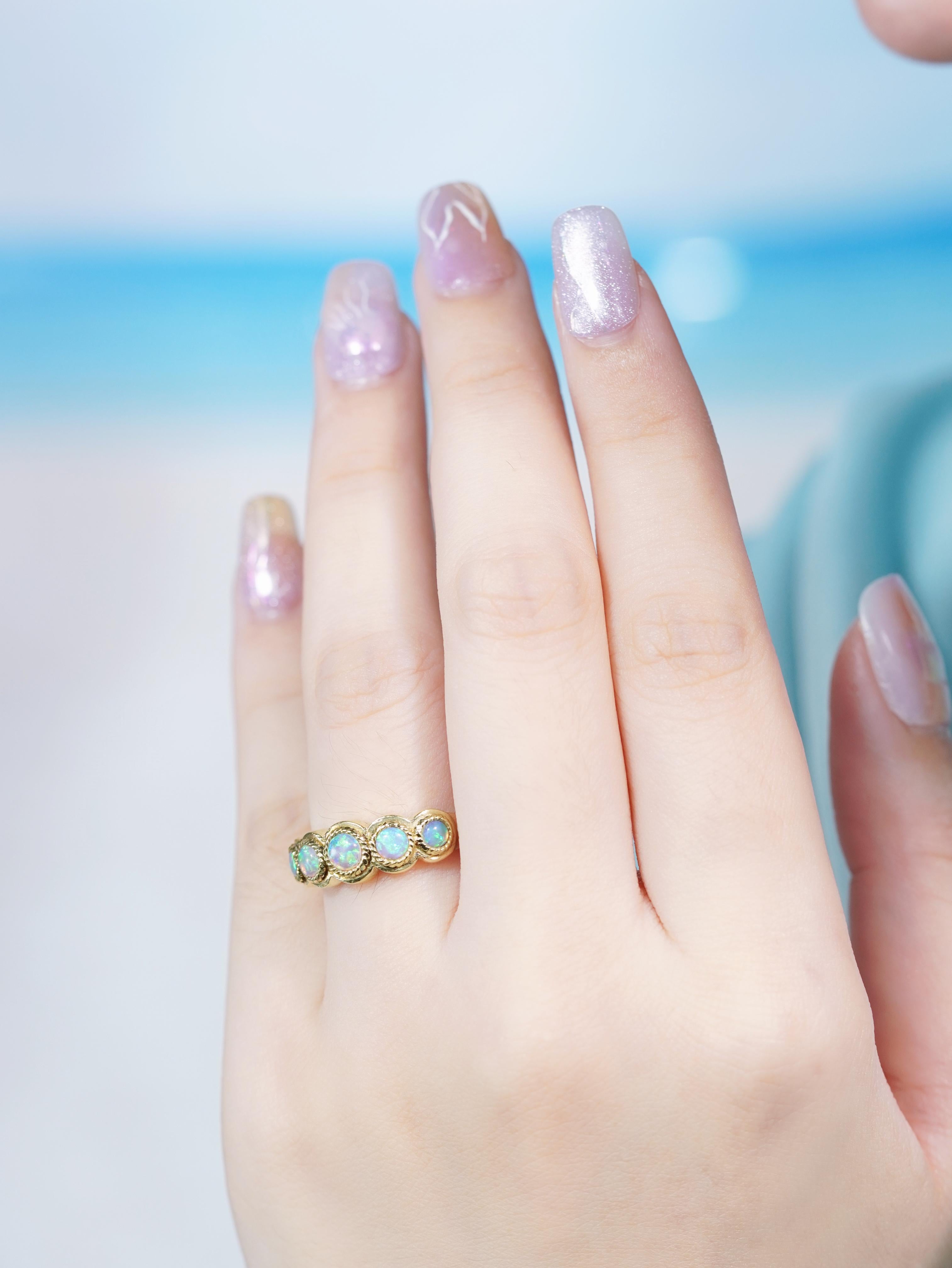 9K Yellow Gold Natural Opal Vintage Style Five Stones Band Ring For Sale 2