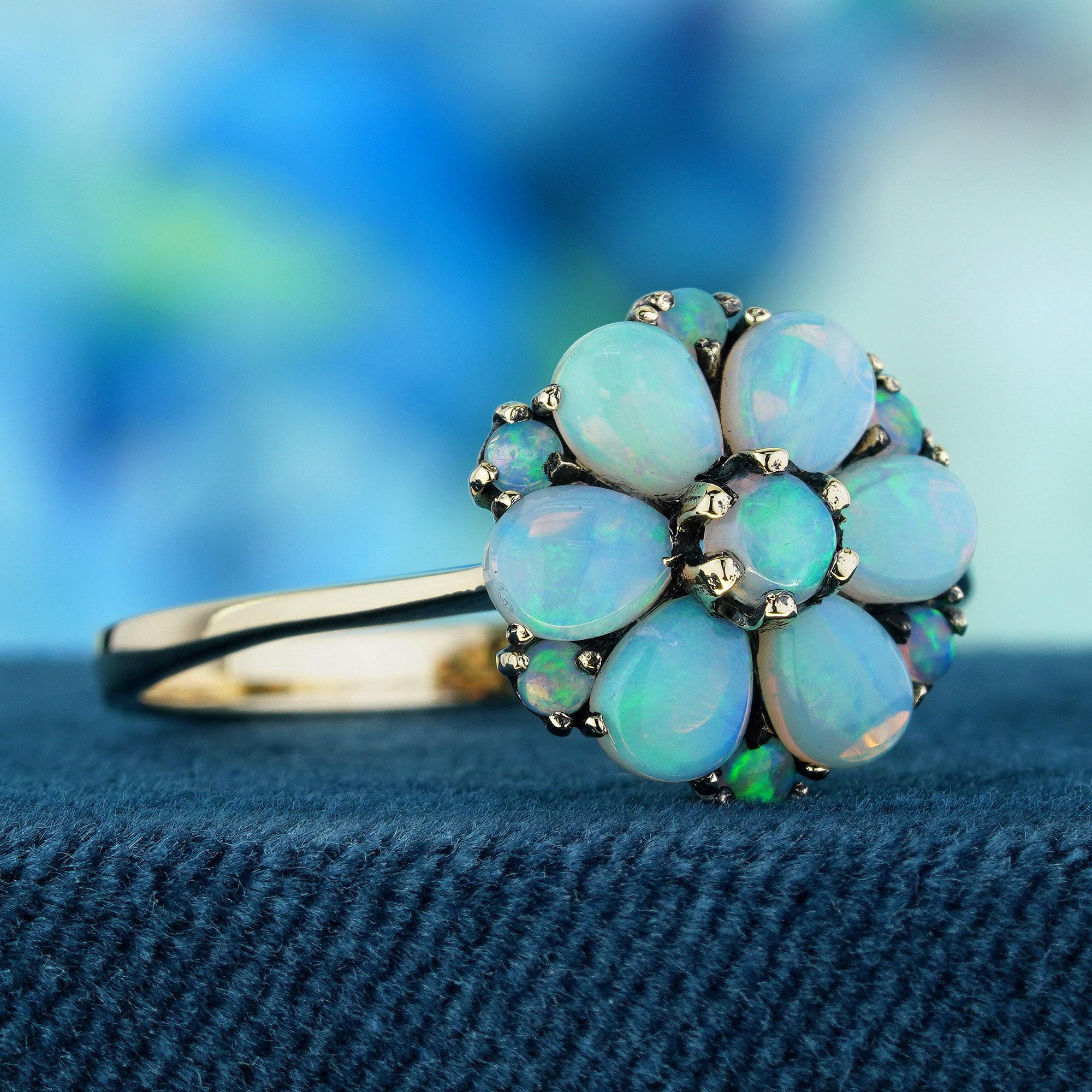 9K Yellow Gold Natural Opal Vintage Style Floral Cluster Ring (Edwardian) im Angebot