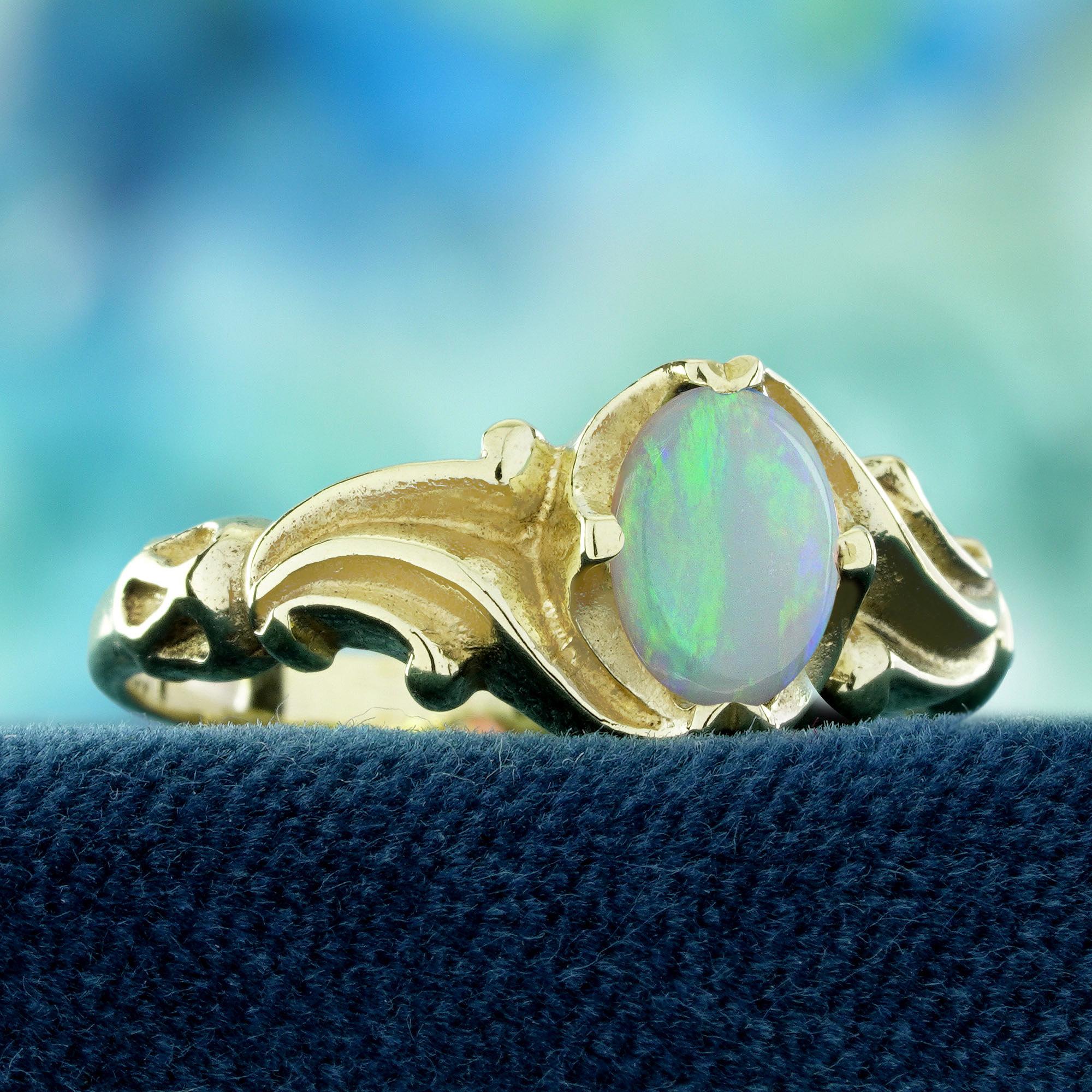Edoardiano Anello solitario in oro giallo 9K con opale naturale in stile vintage in vendita