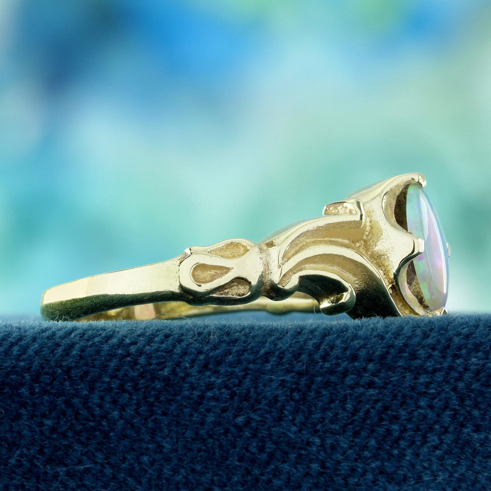 Taille ovale Bague solitaire en or jaune 9K à l'opale naturelle de style vintage en vente