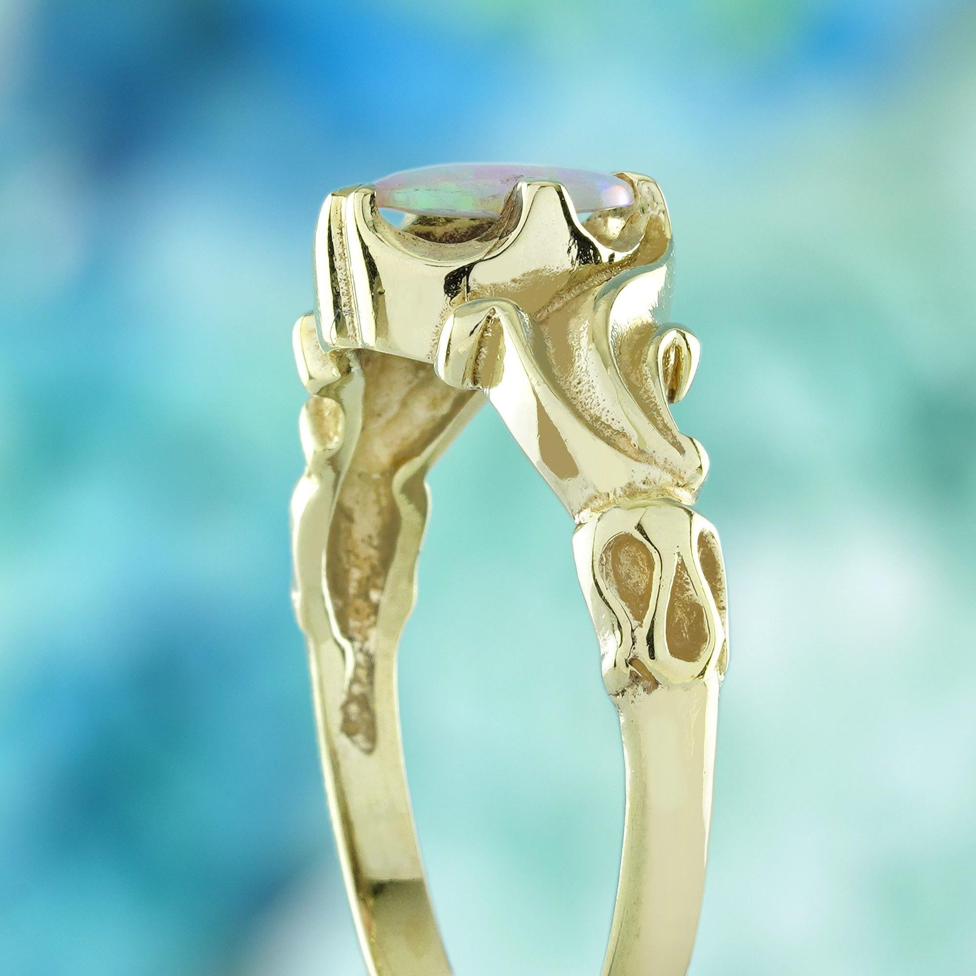 Bague solitaire en or jaune 9K à l'opale naturelle de style vintage Pour femmes en vente