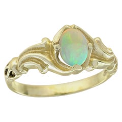 Bague solitaire en or jaune 9K à l'opale naturelle de style vintage
