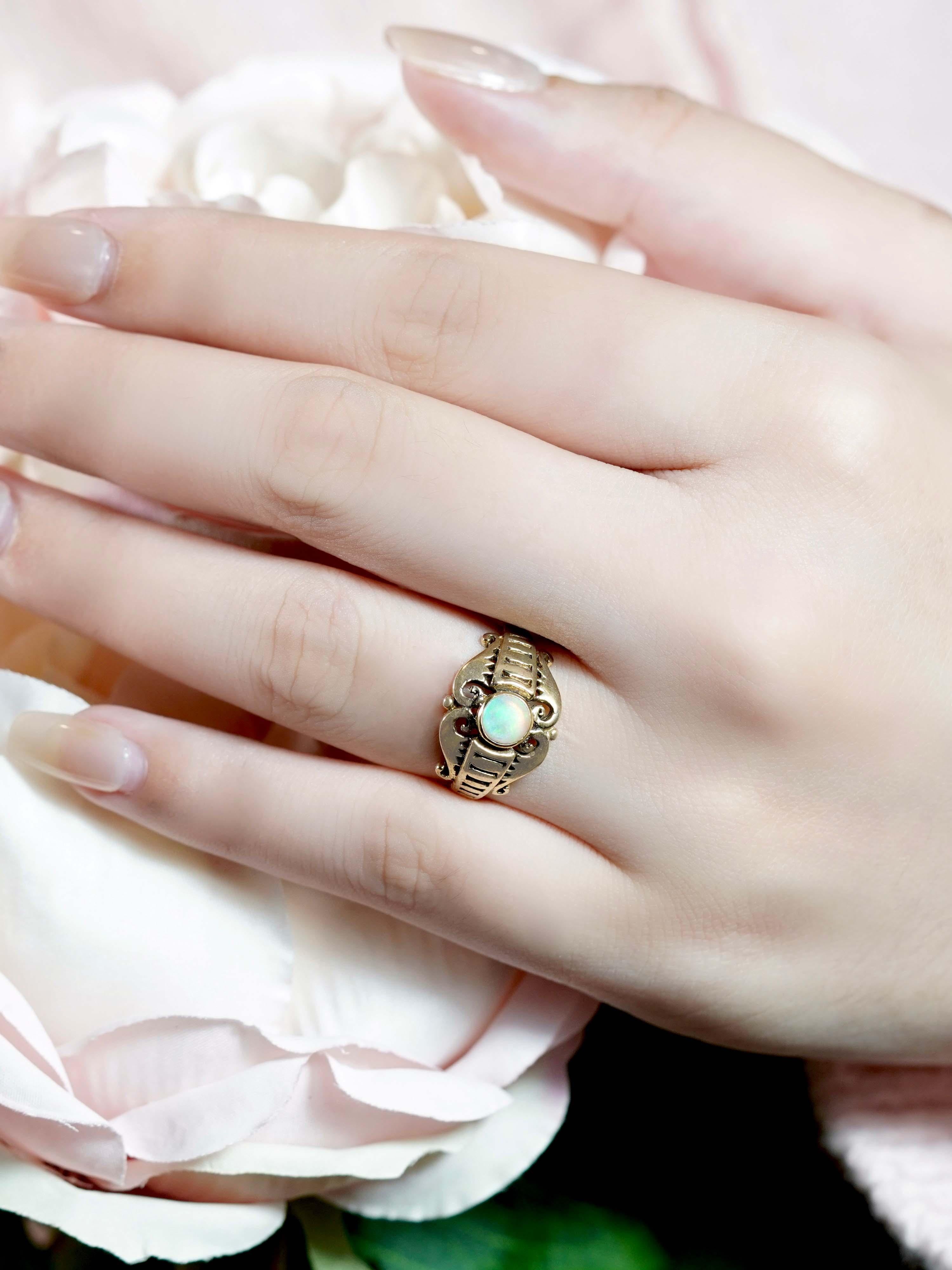 9K Yellow Gold Natural Opal Vintage Style Swirl Filigree Ring For Sale 5