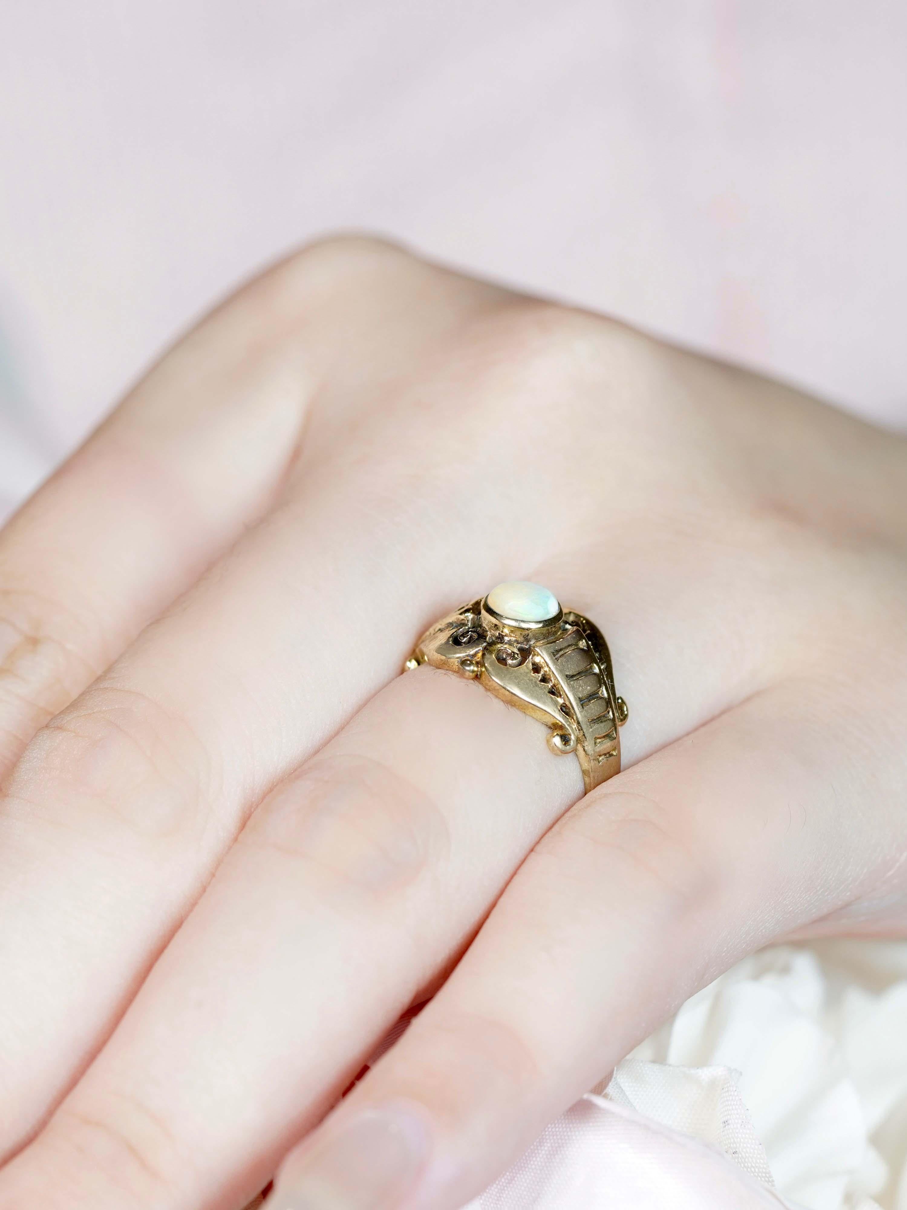 9K Yellow Gold Natural Opal Vintage Style Swirl Filigree Ring For Sale 7