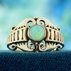 9K Yellow Gold Natural Opal Vintage Style Swirl Filigree Ring