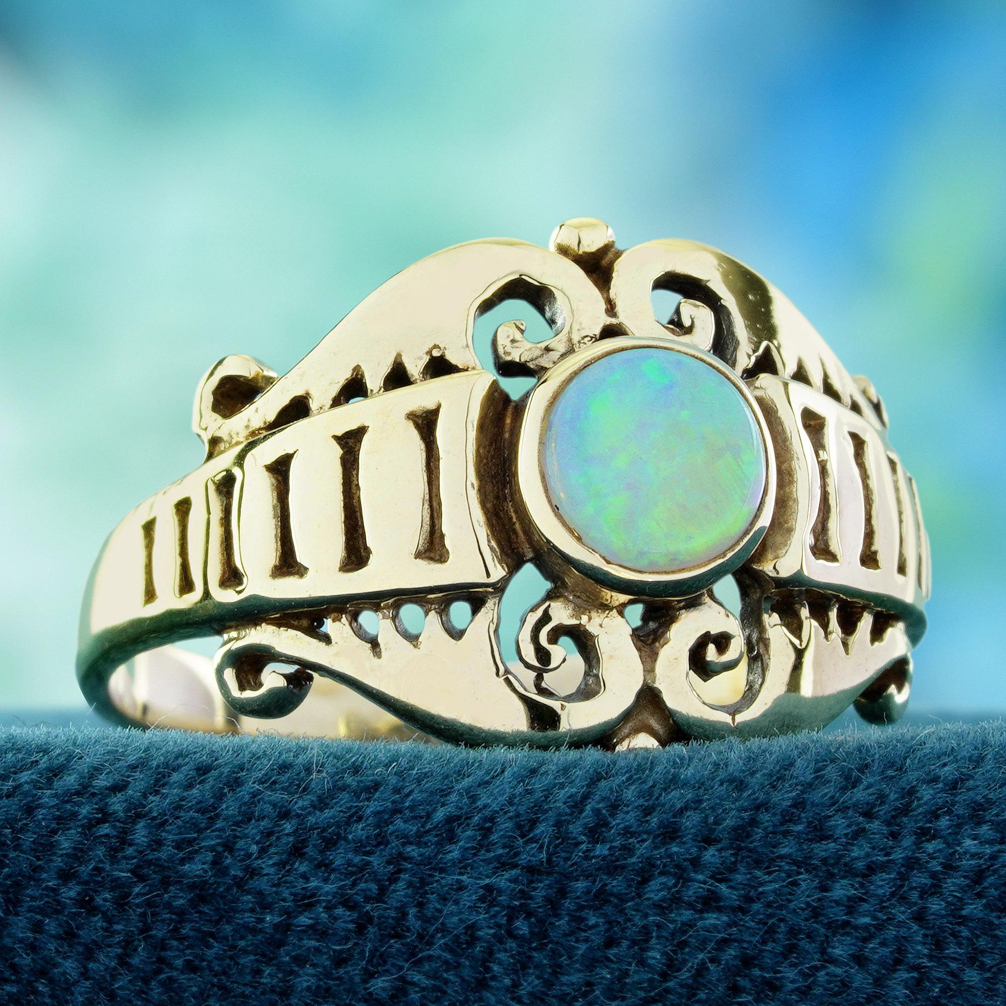 9K Gelbgold Natürlicher Opal Vintage Style Wirbel Filigraner Ring (Edwardian) im Angebot