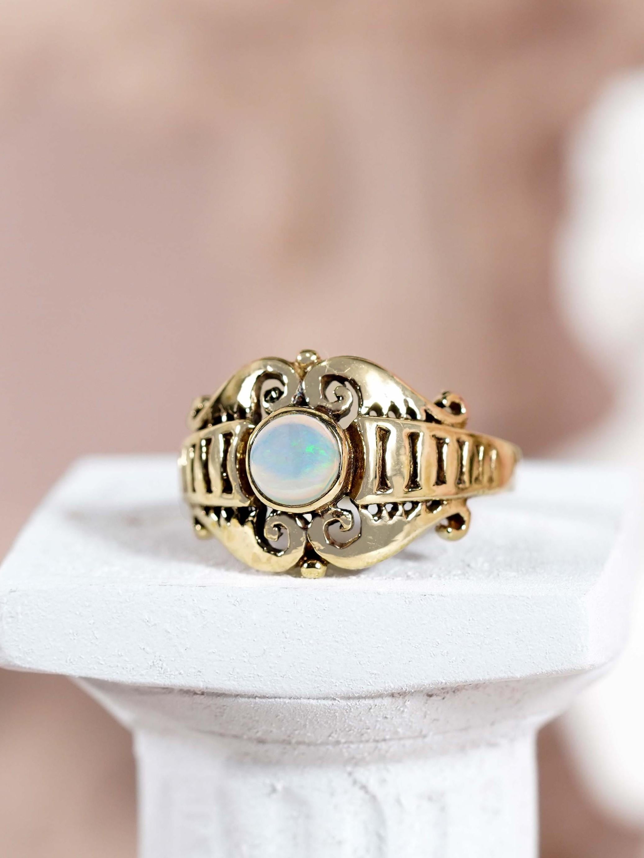 9K Yellow Gold Natural Opal Vintage Style Swirl Filigree Ring For Sale 1