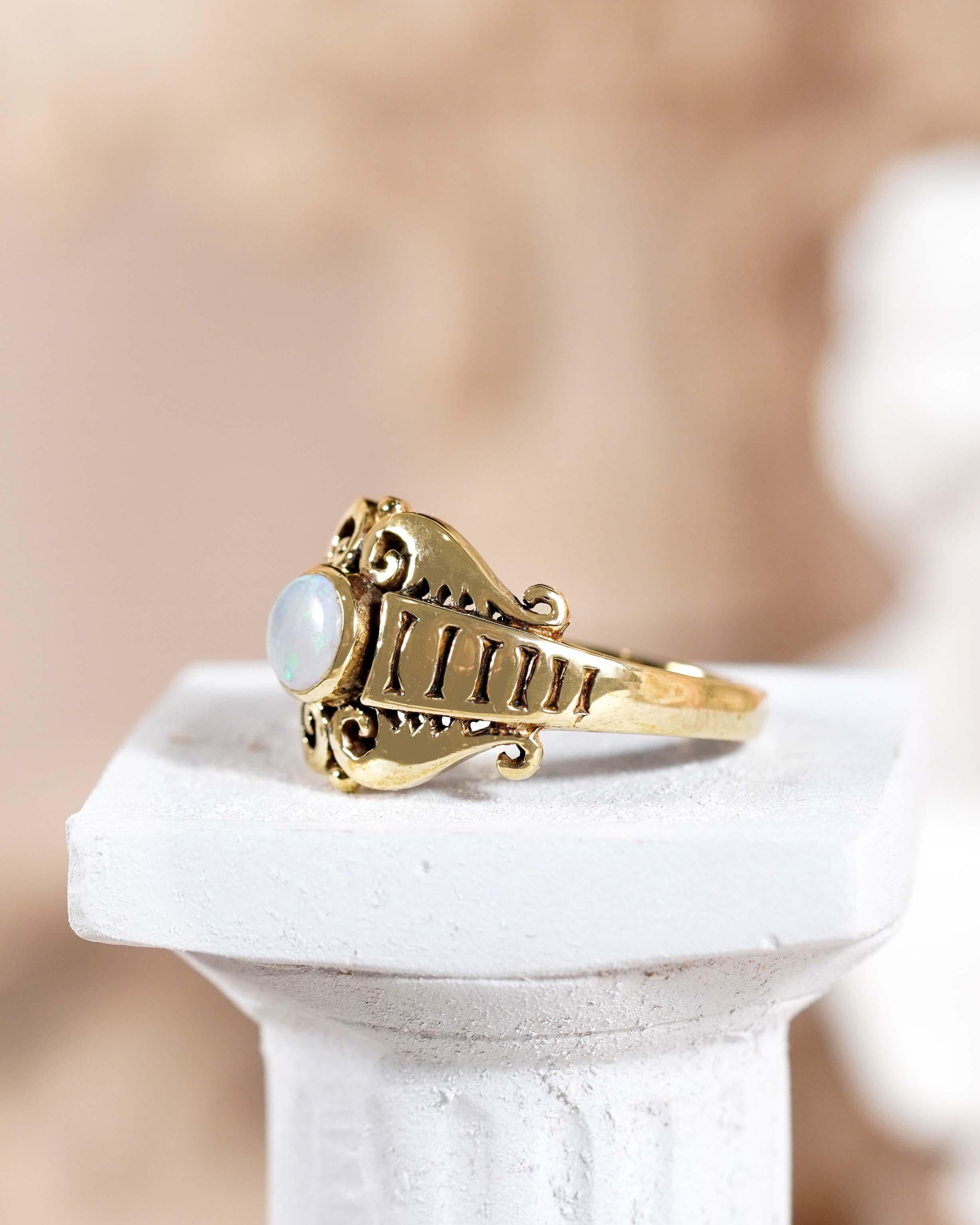 9K Yellow Gold Natural Opal Vintage Style Swirl Filigree Ring For Sale 2