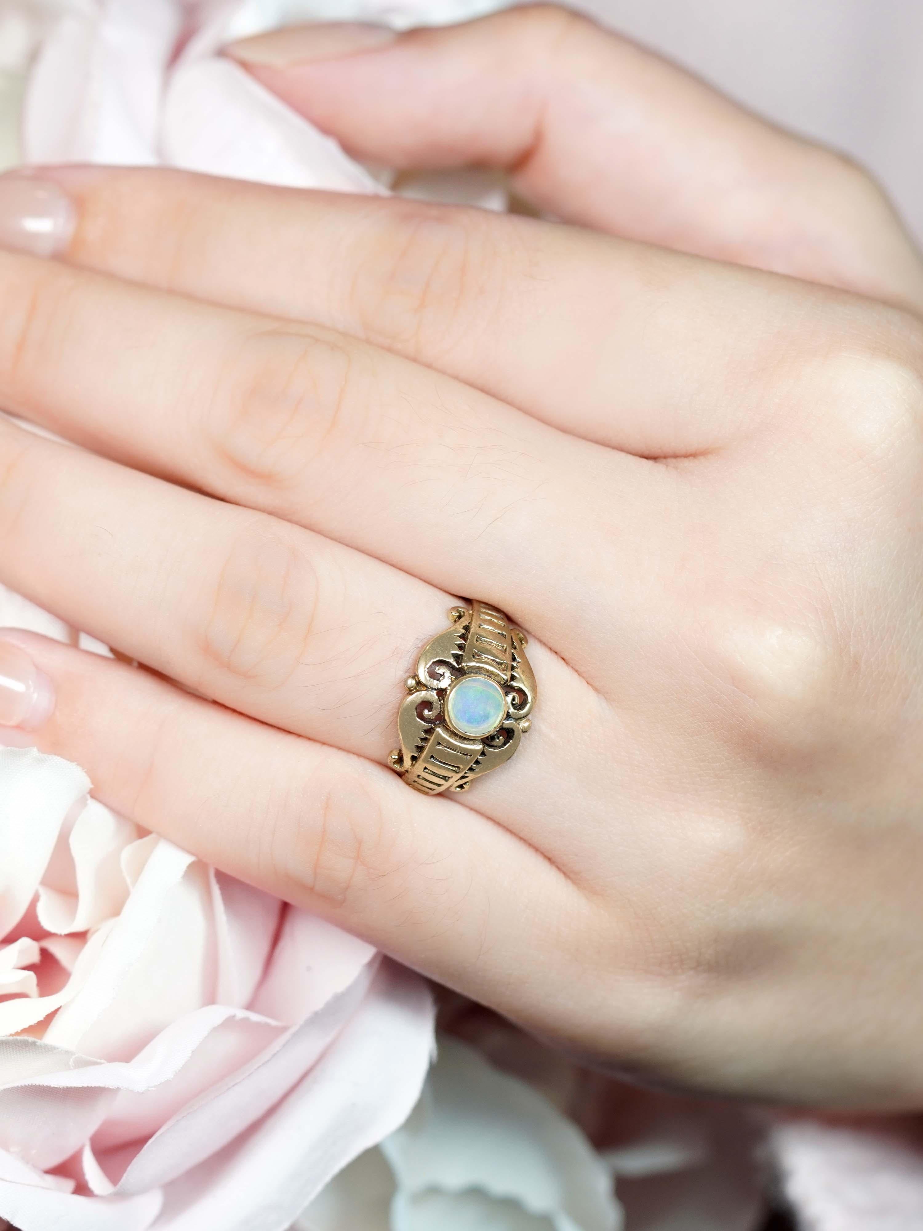 9K Yellow Gold Natural Opal Vintage Style Swirl Filigree Ring For Sale 3