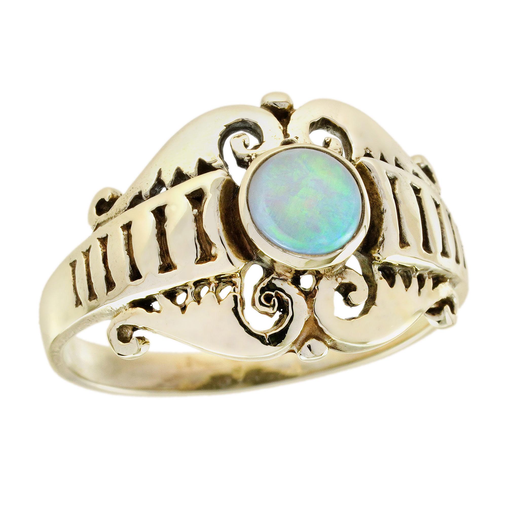 9K Yellow Gold Natural Opal Vintage Style Swirl Filigree Ring For Sale