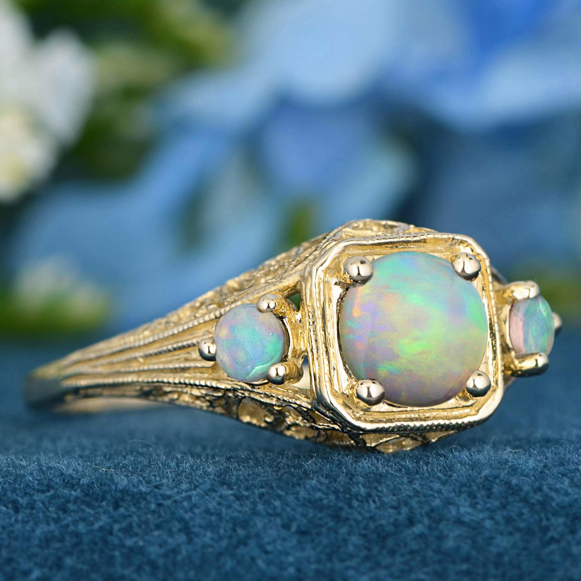 Edwardian 9K Yellow Gold Natural Opal Vintage Style Three Stones Ring For Sale