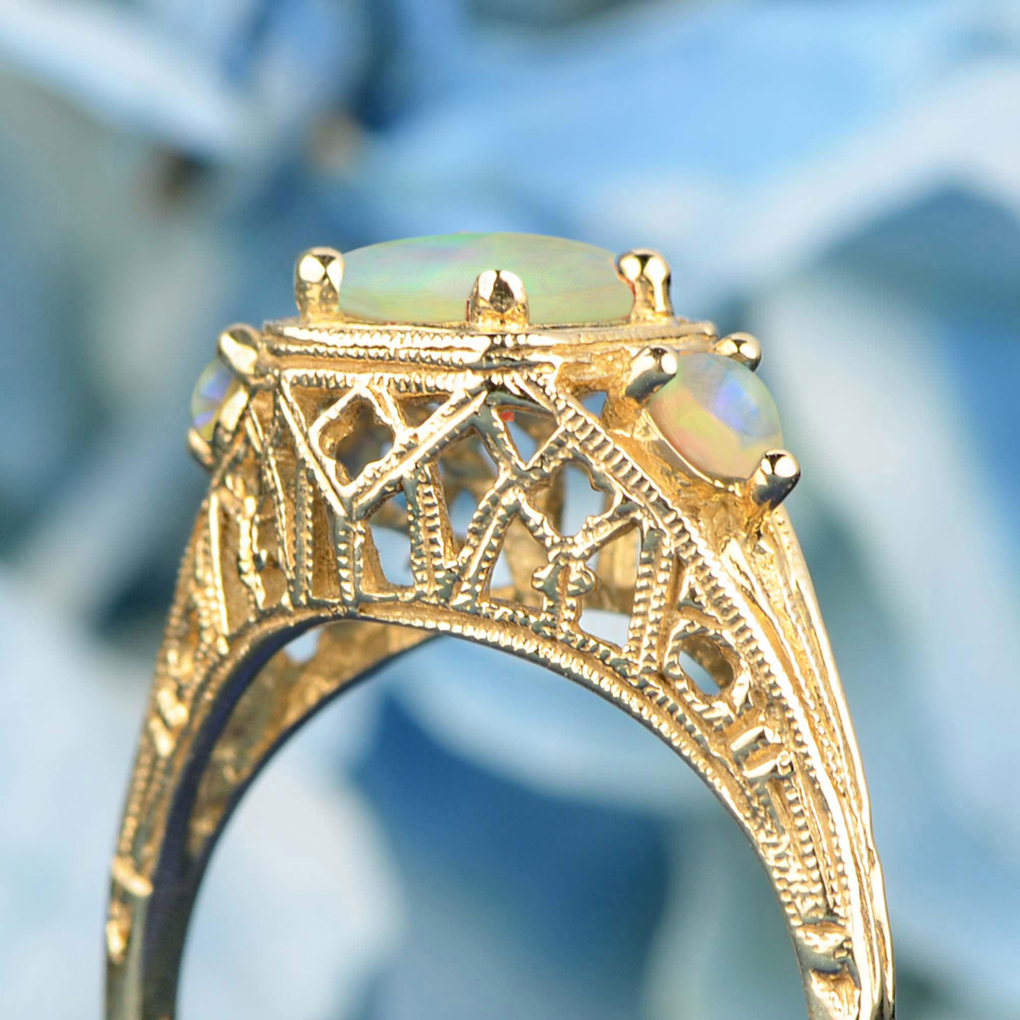 Women's 9K Yellow Gold Natural Opal Vintage Style Three Stones Ring For Sale