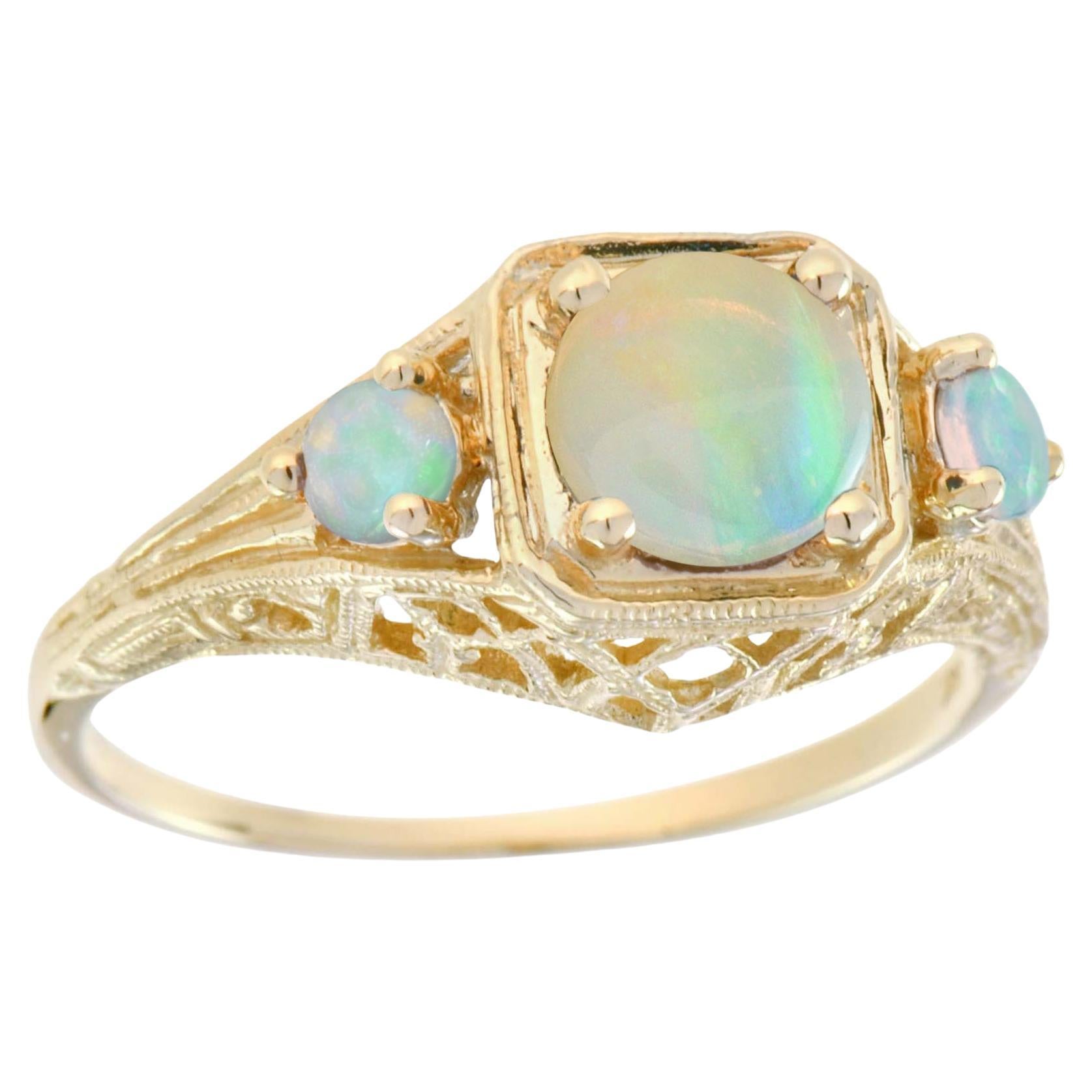9K Yellow Gold Natural Opal Vintage Style Three Stones Ring For Sale