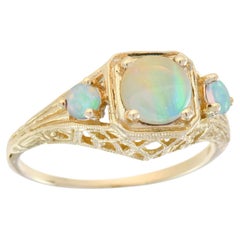 9K Yellow Gold Natural Opal Vintage Style Three Stones Ring