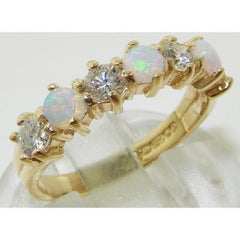 9k Yellow Gold Natural Opal with Diamond Cluster Half Eternity Ring Customizable