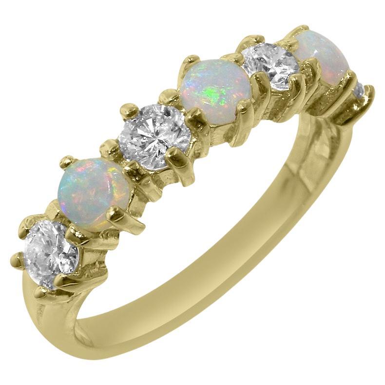 For Sale:  9k Yellow Gold Natural Opal with Diamond Cluster Half Eternity Ring Customizable
