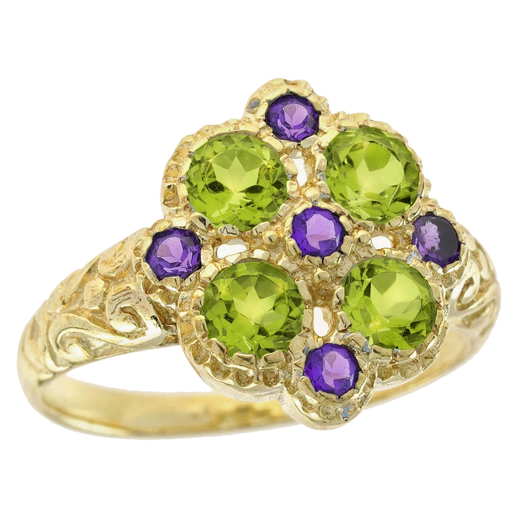 9K Gelbgold Natürlicher Peridot und Amethyst Vintage Style Floral Cluster Ring im Angebot