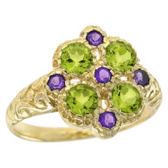 9K Gelbgold Natürlicher Peridot und Amethyst Vintage Style Floral Cluster Ring
