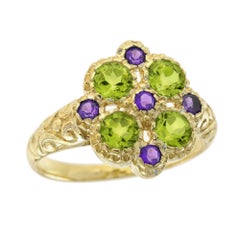 9K Yellow Gold Natural Peridot and Amethyst Vintage Style Floral Cluster Ring