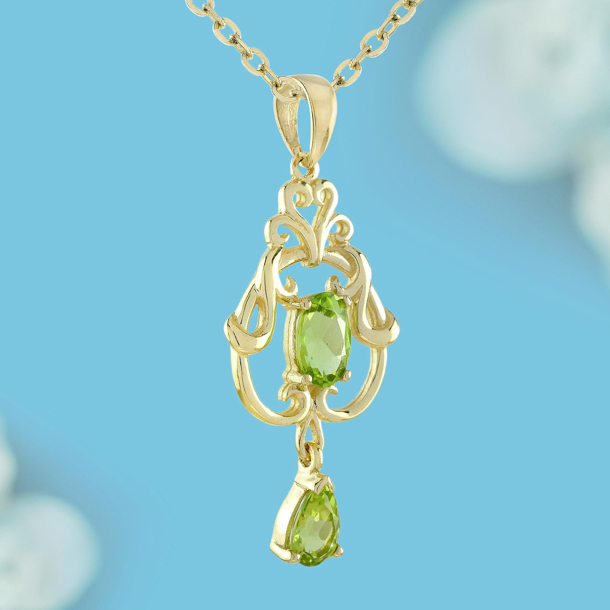 Oval Cut 9K Yellow Gold Natural Peridot Victorian Style Pendant For Sale