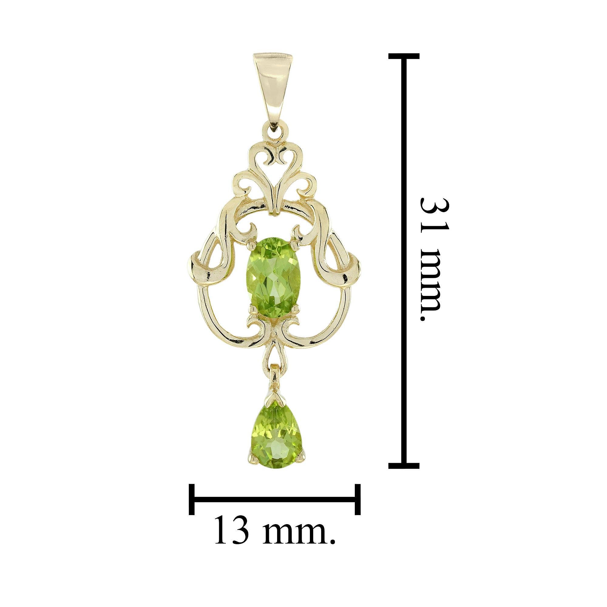 Women's 9K Yellow Gold Natural Peridot Victorian Style Pendant For Sale