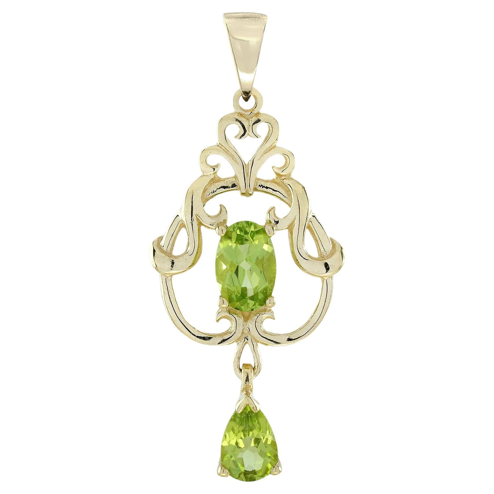 9K Yellow Gold Natural Peridot Victorian Style Pendant For Sale