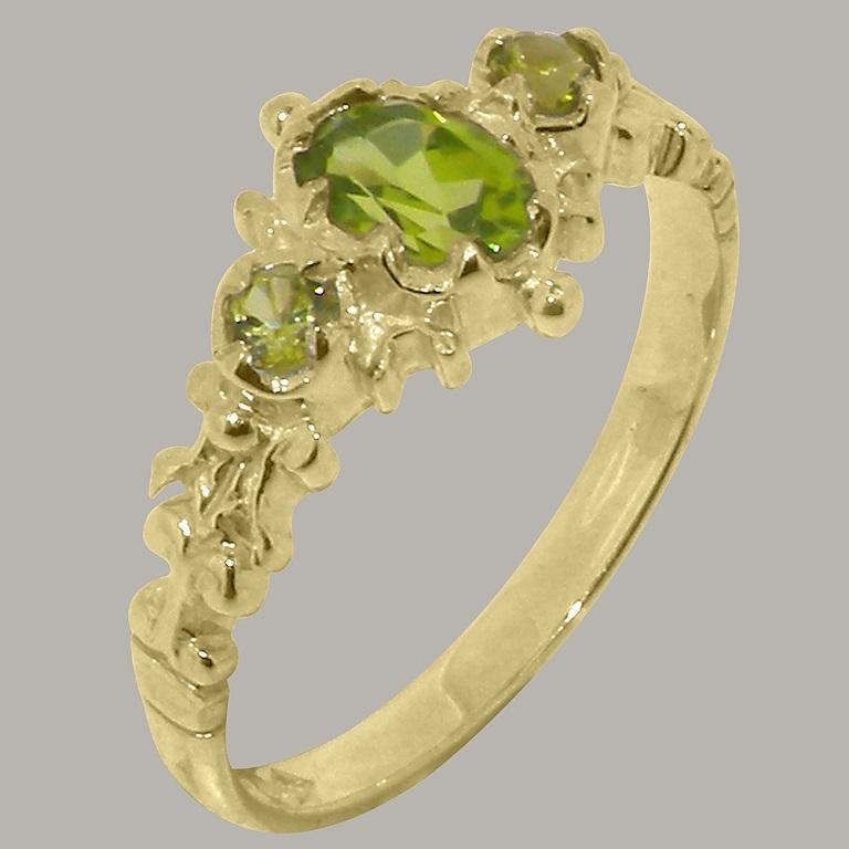 For Sale:  9k Yellow Gold Natural Peridot Womens Trilogy Ring Customizable 2