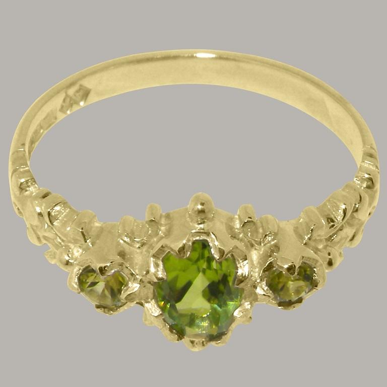 For Sale:  9k Yellow Gold Natural Peridot Womens Trilogy Ring Customizable 6
