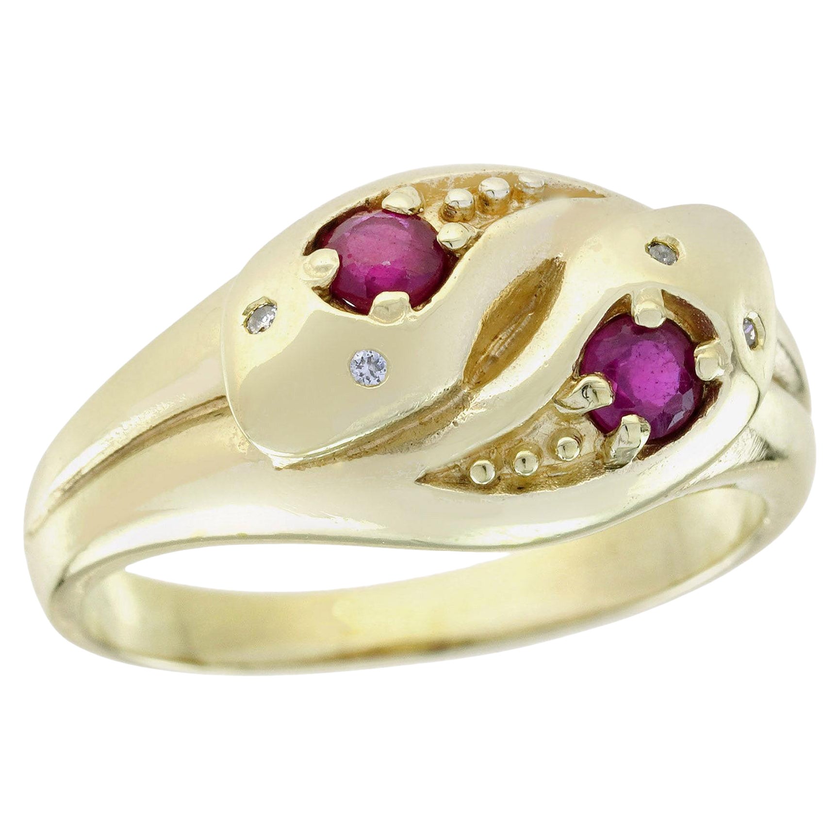 Bague à deux pierres en or jaune 9K, rubis naturel et diamant, style vintage en vente