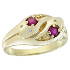 Bague à deux pierres en or jaune 9K, rubis naturel et diamant, style vintage