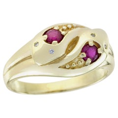9K Yellow Gold Natural Ruby and Diamond Vintage Style Duo Stones Ring