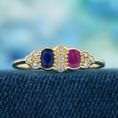 9K Yellow Gold Natural Ruby Sapphire and Diamond Vintage Style Duo Ring